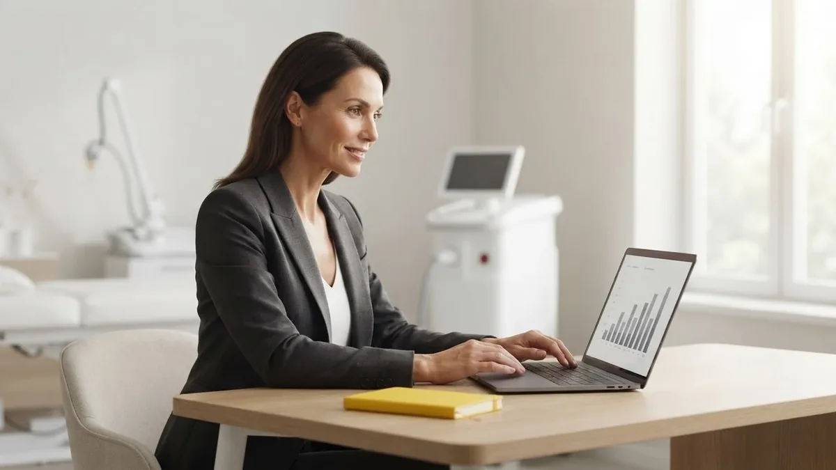 Aesthetic clinic owner reviewing ADVATx laser ROI figures