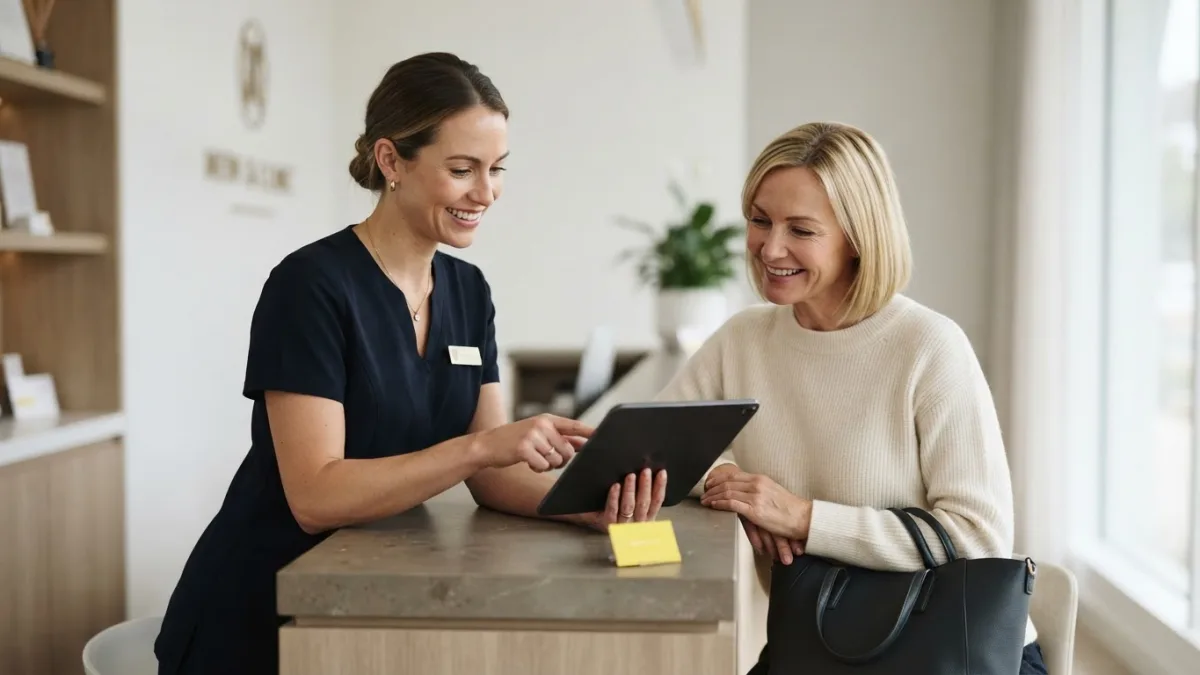 Aesthetic clinic practitioner discussing ADVATx treatment with an existing patient