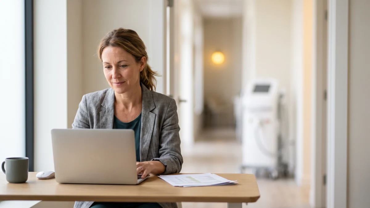 Clinic owner reviewing equipment running costs on a laptop at a desk