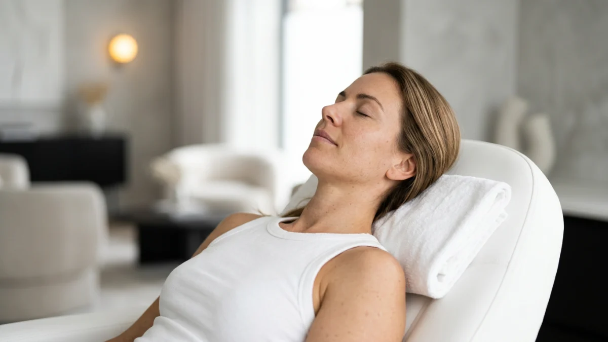 Woman relaxing with her eyes closed in a clinic treatment chair