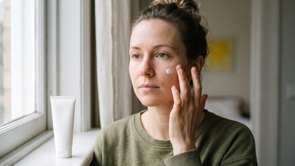 Woman applying SPF in soft daylight after a facial laser treatment
