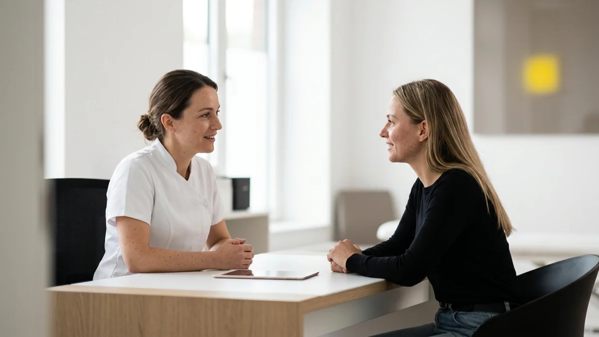 Clinic practitioner and patient in conversation during a skin consultation